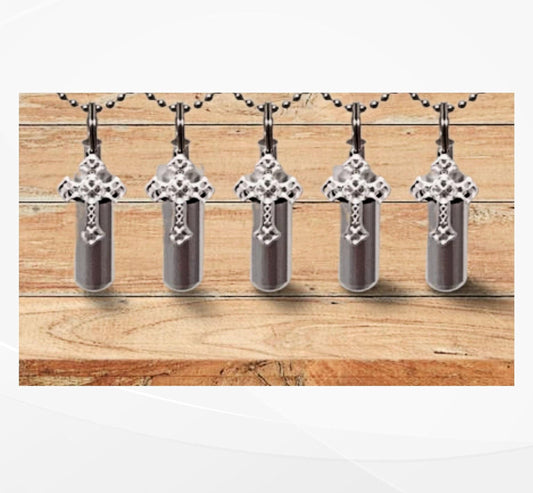 FIVE Cremation Urn Necklaces with Silver Filigree Crosses - Memorial Jewelry