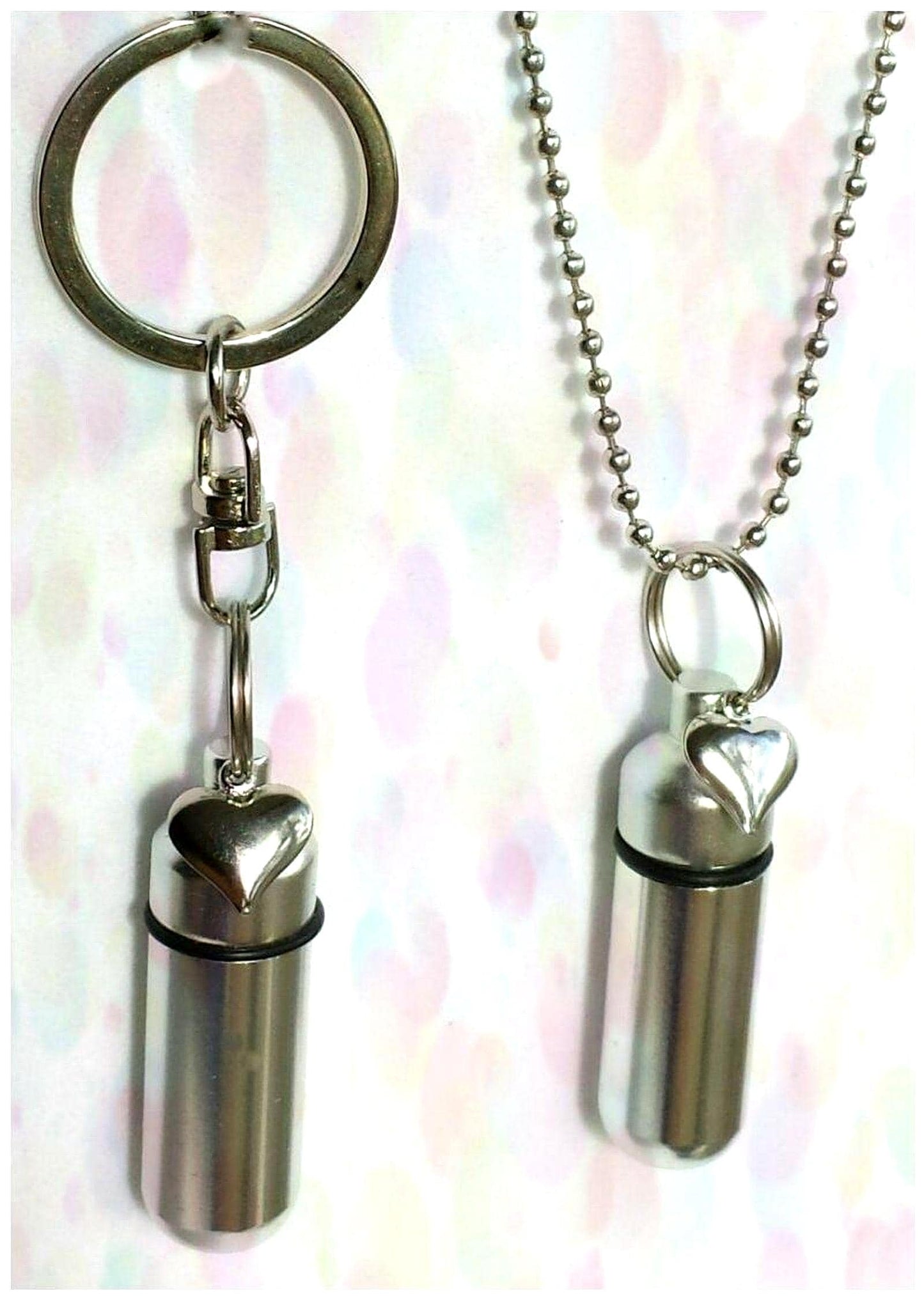 Puffed Heart - 2pc. Special Set - Cremation Urn Necklace & Keychain Urn with Velvet Pouch