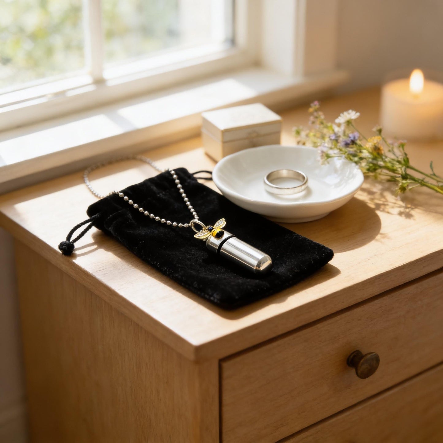 Colorful Bumble Bee Cremation Urn Necklace - Includes Black Velvet Pouch, 24" Ball-Chains& Fill Kit