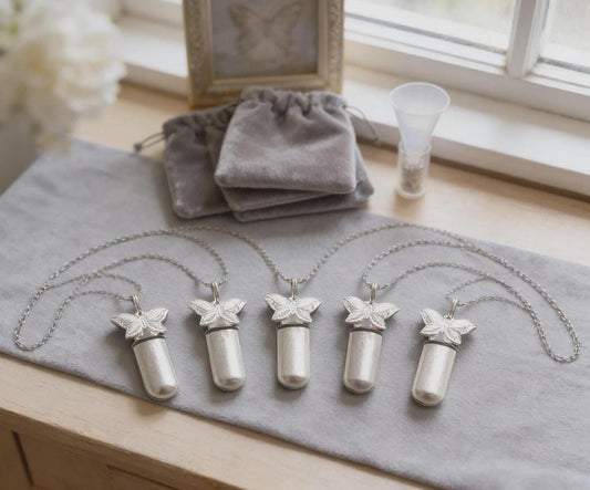 CUSTOM ENGRAVED Set of 5 Brushed Silver Filigree Butterfly Cremation Urn Necklace Keepsakes, Urn Jewelry, Pet Urn, Urn for Human Ashes