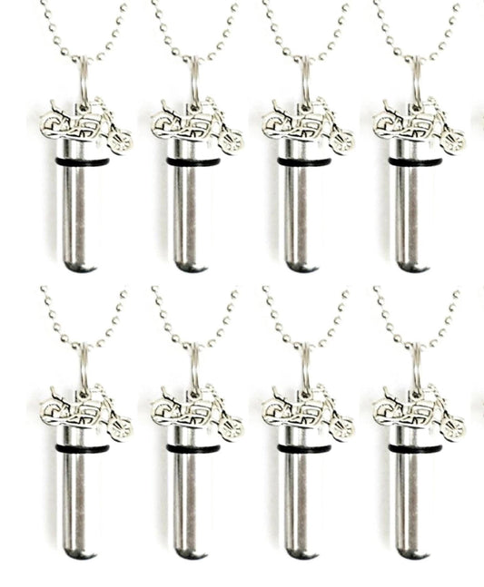 EIGHT Polished  MOTORCYCLE URN Necklace Keepsakes, Memorial Jewelry, Laser Engraving Available
