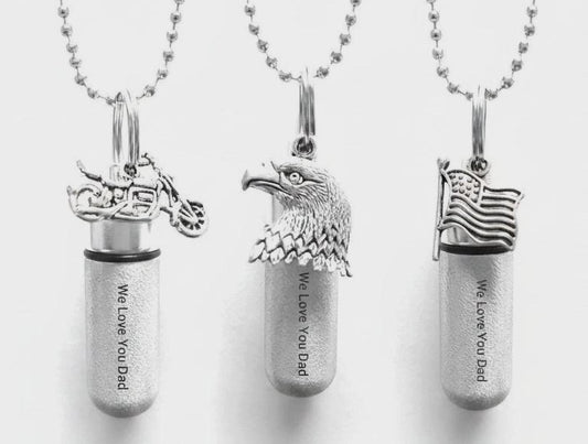 Set of Three DAD Cremation Urn Necklaces, Eagle, Flag & Motorcycle, Loss Of Father