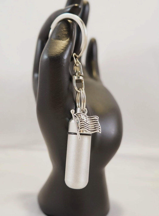 Brushed Silver Cremation Urn with USA FLAG Pendant on Swivel Keyring, Custom Engravable