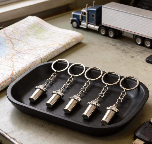 FIVE Cremation Urns on 18-Wheeler/Semi-Truck Swivel Key Chains  - Memorial Jewelry,  Custom Engraving Available