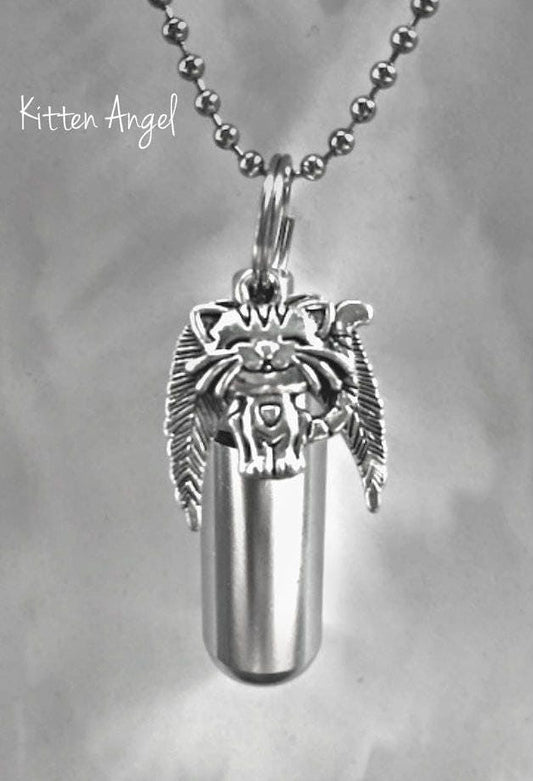 Silver Cremation Urn with Kitten /Cat Angel Pendant on 24" Ball Chain Necklace