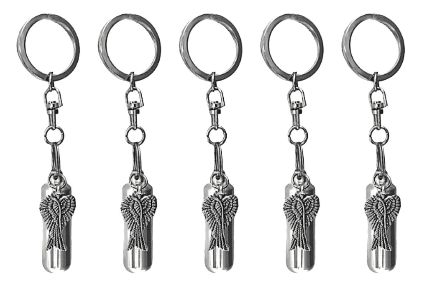 FIVE Silver Cremation Urn on Swivel Keychains with Angel Wings, Child Urn, Pet Urn, Personalized Urn