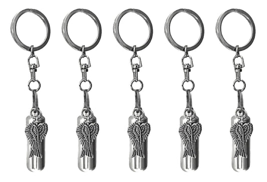 FIVE Silver Cremation Urn on Swivel Keychains with Angel Wings, Child Urn, Pet Urn, Personalized Urn