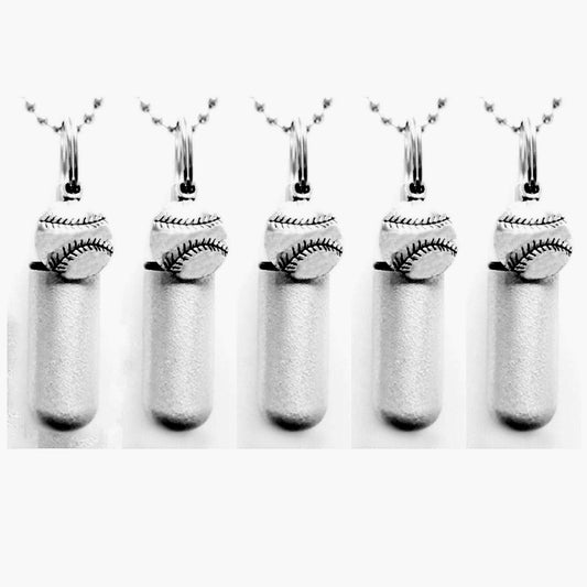 Five Brushed Silver Baseball CREMATION URN Necklaces, Memorial Urns, Engraving Available!