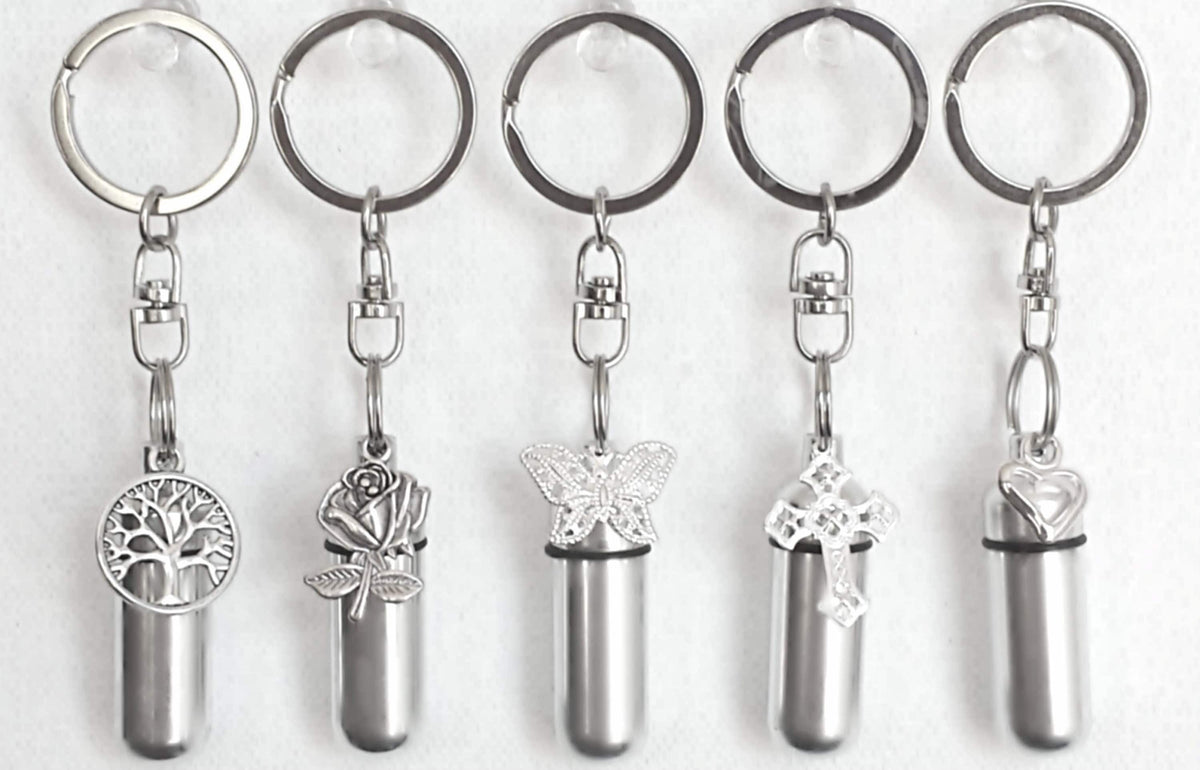 Assorted Cremation Urn Keychains: Silver Rose, Tree, Butterfly, Cross, Heart,Angel - Engraving Available!