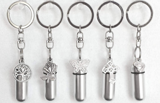 Assorted Cremation Urn Keychains: Silver Rose, Tree, Butterfly, Cross, Heart,Angel - Engraving Available!