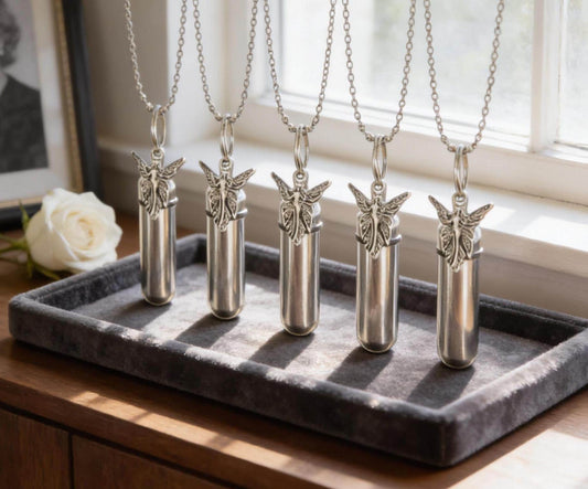 FIVE Silver CREMATION URN Necklaces with Fairy Angels - Memorial Jewelry - Custom Engraving Available!