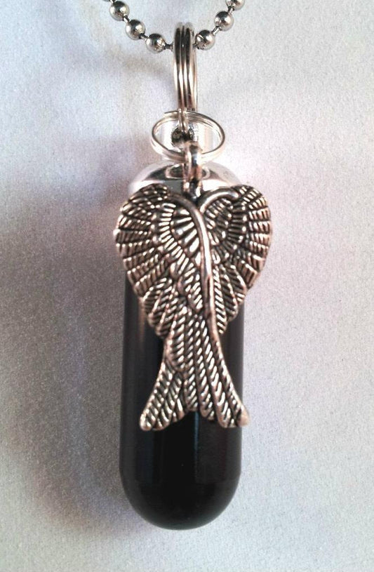Angel Wings Cremation Urn Necklace - Black & Silver, Large Pendant