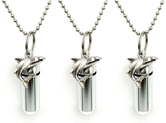 THREE Silver Shark Cremation Urns on 24" Steel Ball Chain Necklaces - Urn Necklace, Custom Engraving Available!!