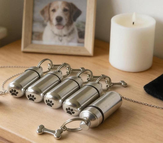 FIVE Brushed Silver DOG BONE Cremation Urn Necklaces w/Engraved Paws