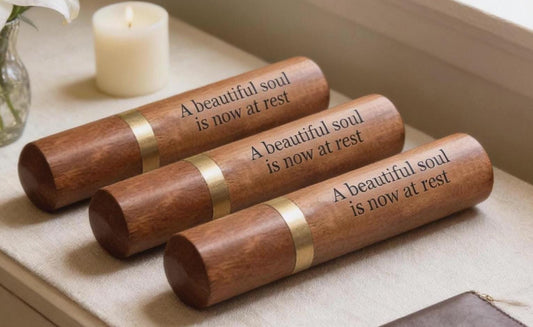 THREE ENGRAVED "A beautiful soul is now at rest" Rosewood Cremation Urns/Scattering Tubes - Fits in Pocket/Purse, TSA Compliant