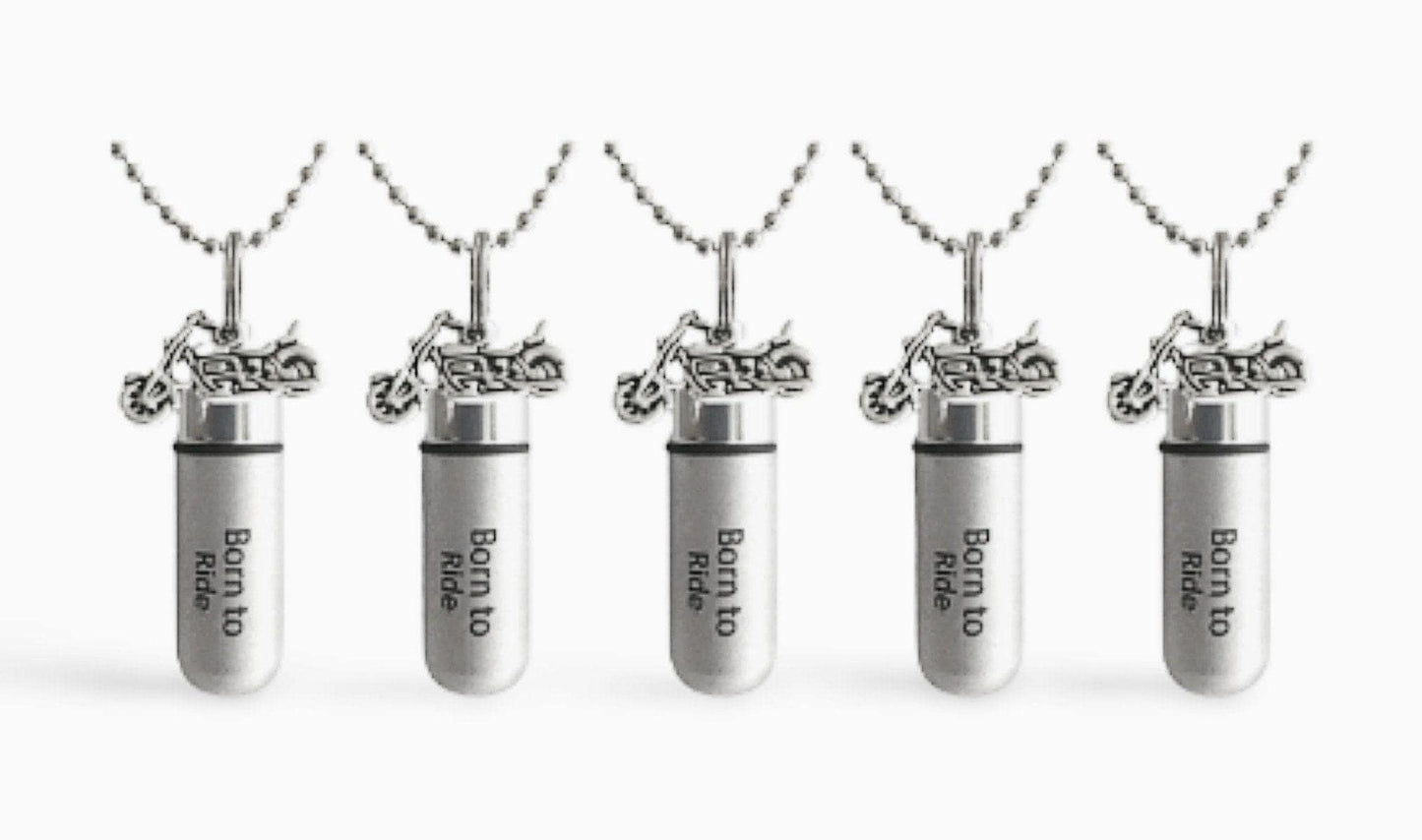 FIVE Engraved Silver Cremation Urn Necklaces "Born To Ride" with Motorcycle - Memorial Jewelry