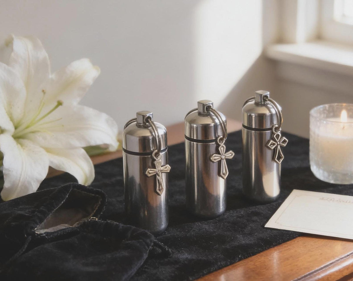 Antique Crosses Trio Special Set - THREE Cremation Urns in Velvet Pouches, Memorial Keepsakes, Custom Engraving Available!