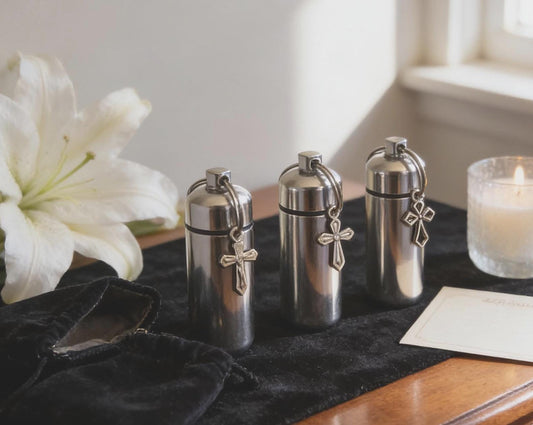 Antique Crosses Trio Special Set - THREE Cremation Urns in Velvet Pouches, Memorial Keepsakes, Custom Engraving Available!