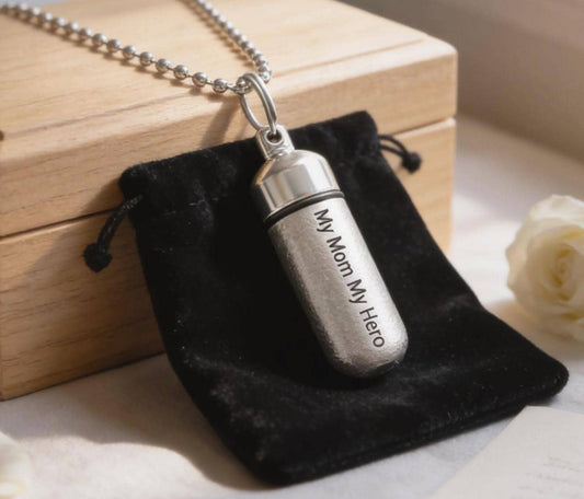 ENGRAVED  "My Mom My Hero"  Cremation Urn Necklace, Velvet Pouch & Fill Kit