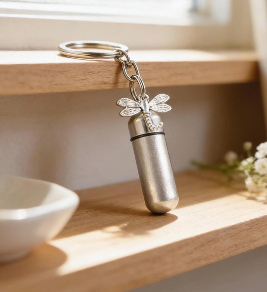 Brushed Silver Cremation Urn with DRAGONFLY on Stainless Steel Swivel Key Ring - Memoriall Keepsake