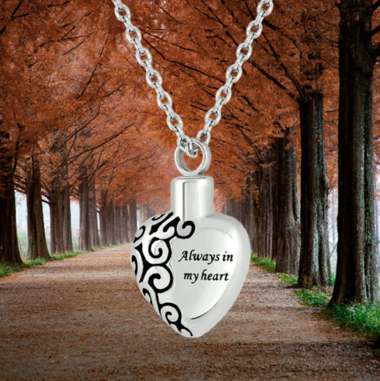 Stainless Steel "Always In My Heart" Urn on 24" Necklace, with Pouch & Fill Kit
