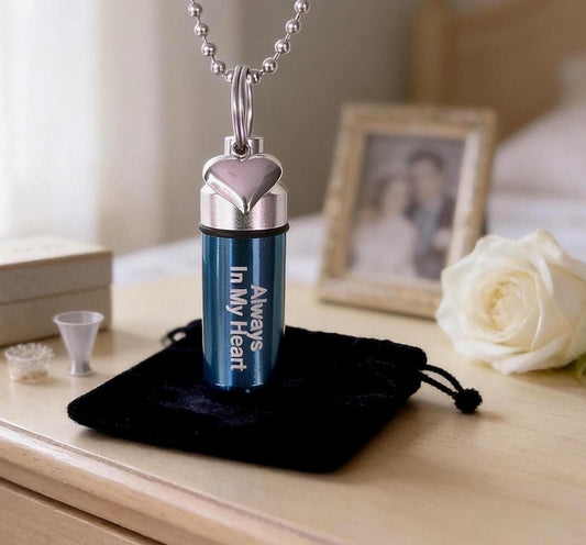 Cremation Jewelry Urn Necklace, Blue with Silver Heart (Velvet Pouch & Fill Kit)