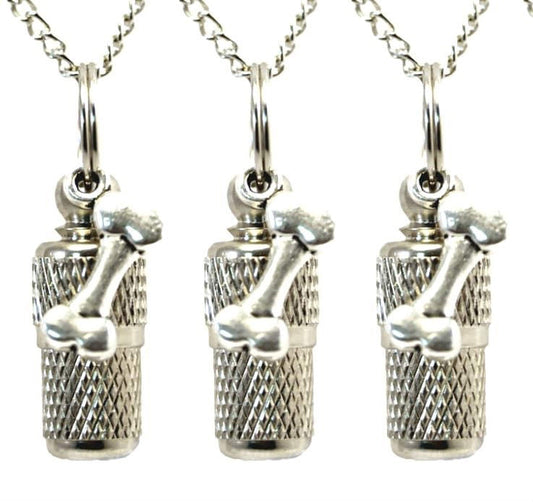 Set of THREE Mini Pet Cremation Urns on Curb Chain Necklace  with DOG BONE - Hand Assembled, with Pouch & Fill Kit