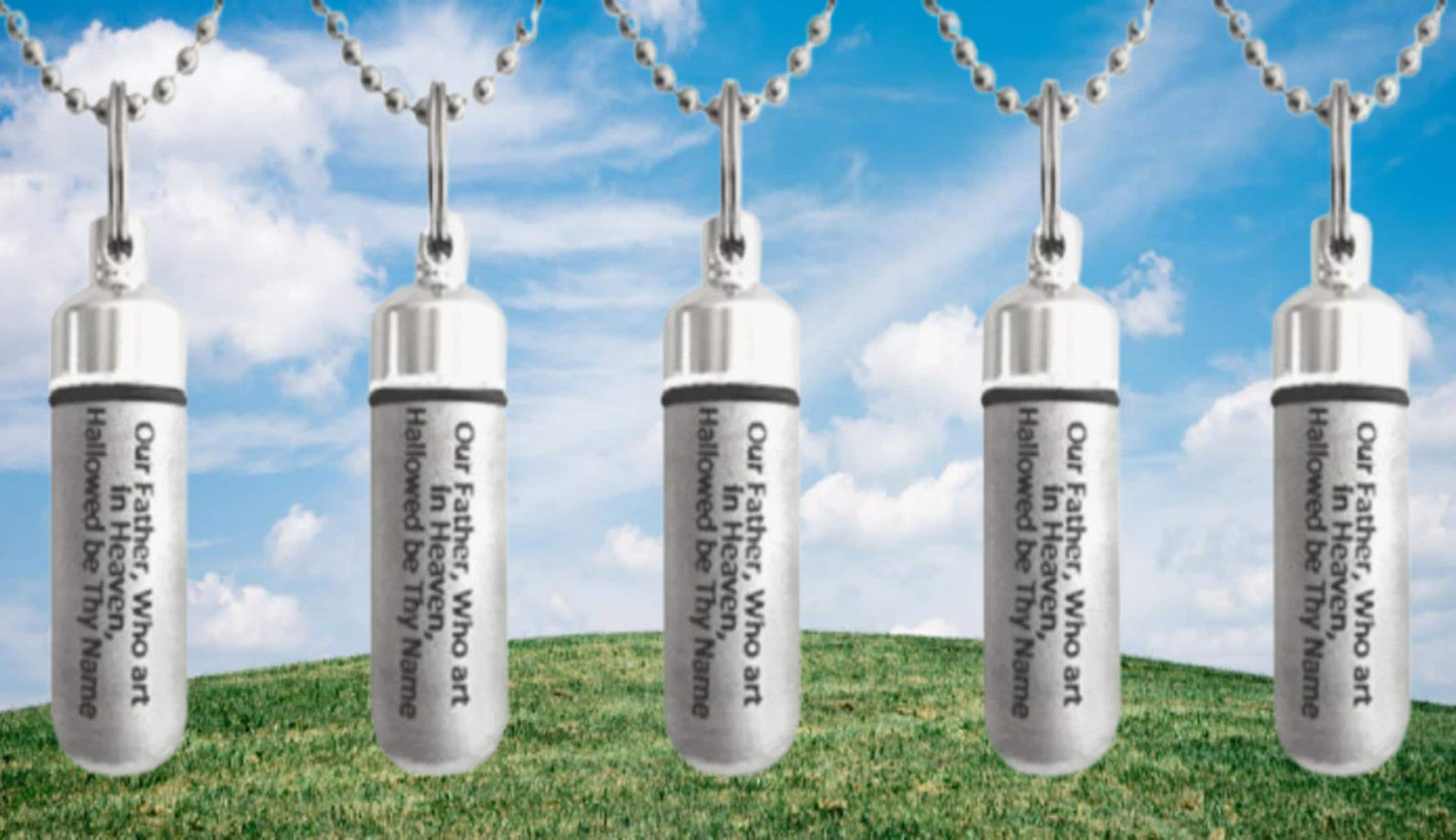 Set of 5 ENGRAVED Brushed Silver CREMATION URN Necklaces "Our Father Who Art in Heaven"  Mourning Jewelry