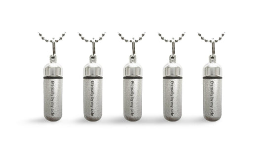 FIVE Memorial Cremation Urn Necklaces, Silver, Engraved 'Eternally by my side'