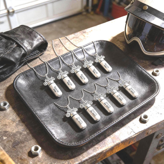 TEN ENGRAVED Brushed Silver Cremation Urn Necklaces with Motorcycles - (5) "Born To Be Wild" & (5) "Born To Ride"