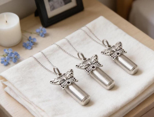 THREE Large Silver Butterfly Urn Necklace Memorial Jewelry, Engraving Available