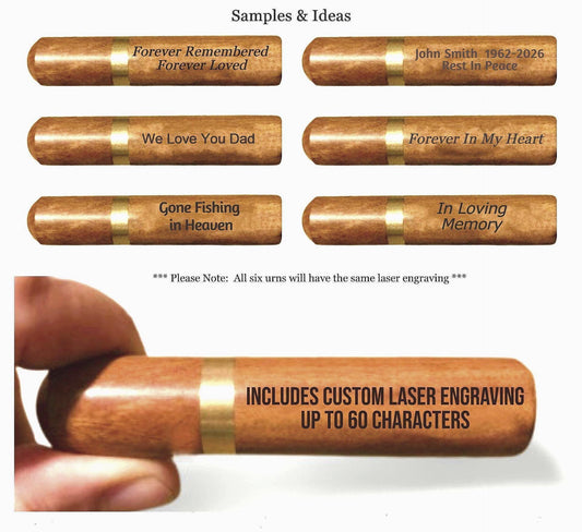 Set of Six PERSONALIZED Rosewood Cremation Urns / Scattering Tubes - Fits Pocket/Purse, Perfect for Travel, TSA Compliant, Custom Engraved