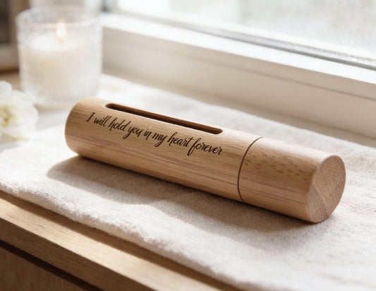 ENGRAVED "I will hold you in my heart forever" Sandalwood Urn/Scattering Tube w/Window - Fits Pocket, TSA Compliant