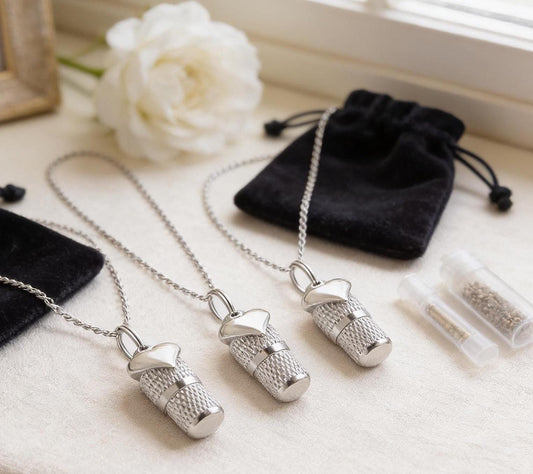 THREE Mini Cremation Urns on Ball Chain with Silver Heart, Velvet Pouches & Fill Kit