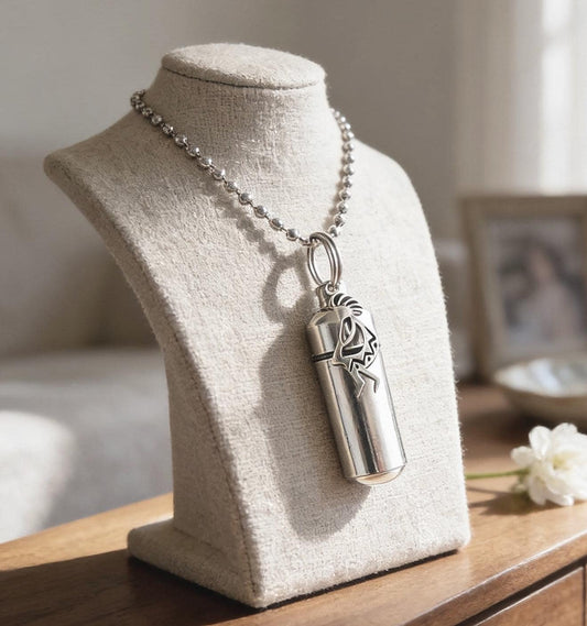 Cremation Urn on Ball-Chain with KOKOPELLI - Memorial Jewelry, Personalized