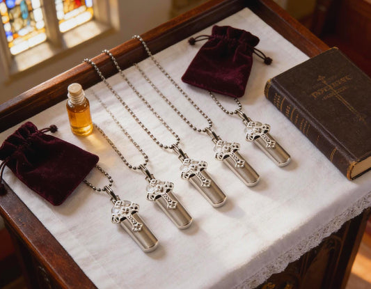 FIVE Polished Silver Cross Anointing Oil Holders with Velvet Pouches & 5 Ball-Chains