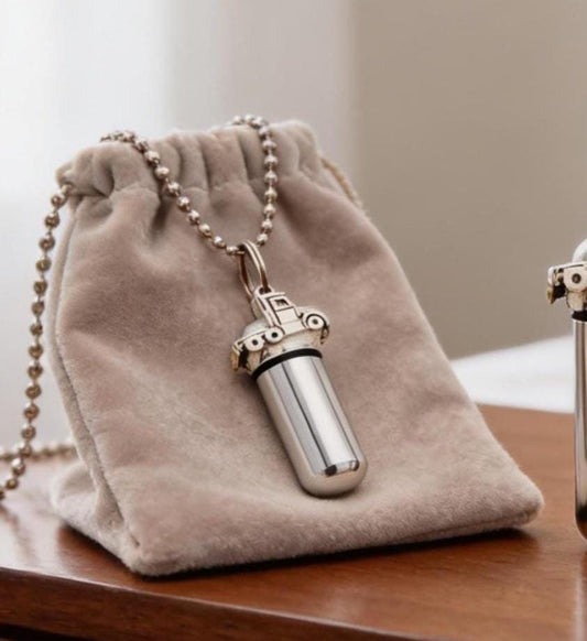 TWO Cremation Urn Necklaces with Semi-Truck/18 Wheeler, Velvet Pouches, Ball-Chains & Fill Kit