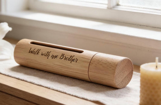 ENGRAVED "Walk with me Brother" Sandalwood Cremation Urn/Scattering Tube w/Window, Fits Pocket, TSA Approved