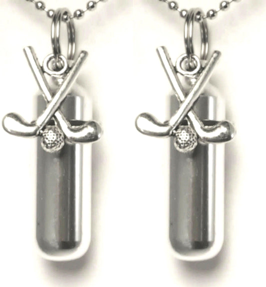 Set of TWO Silver CREMATION URN Necklace Keepsakes with Golf Clubs - Ashes Necklace, Mourning Jewelry, Mourning Keepsake, Personalized Urn