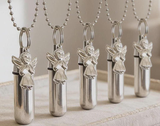FIVE Silver Praying Angel CREMATION URN Necklace Keepsakes - Memorial Jewelry