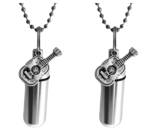 TWO Silver CREMATION URN Necklaces with Acoustic Guitars - Memorial Jewelry, Custom Engravable