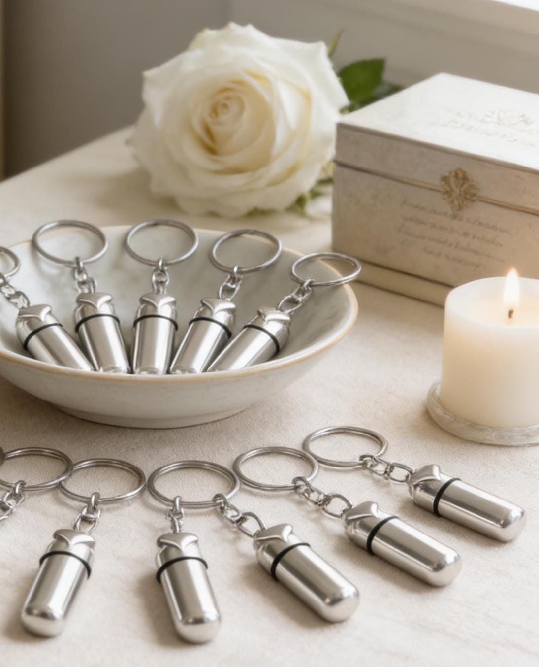TEN Classic Silver Cremation Urns with Puffed Heart on Steel Swivel Key Rings - Urn Jewelry, Memorial Keepsake - Engraving Available!