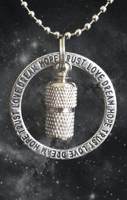 Forever Ring "Love Dream Hope Trust"  MINI CREMATION Necklace - Includes Velvet Pouch and Fill Kit