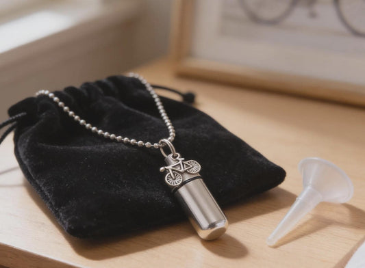 Cremation Urn on 24" Ball-Chain Necklace with BICYCLE -  with Velvet Pouch & Fill Kit