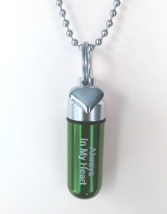 Green Engraved "Always In My Heart" Silver Heart Cremation Urn Necklace, with Velvet Pouch and Fill Kit