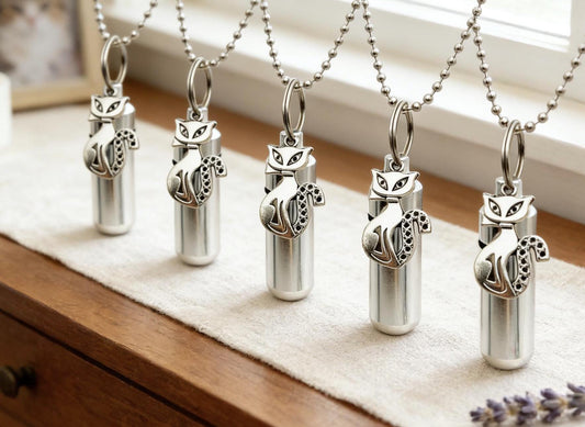 FIVE "Sly Kitty" CREMATION URN Necklaces - Pet Loss, Cat Urn, Memorial Jewelry, Custom Engraving Available!