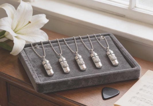 FIVE Cremation Urn Necklaces with Silver Electric Guitars - Memorial Jewelry - Custom Engraving Available!!