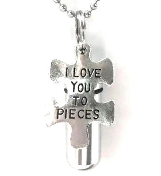 Personal Cremation Urn with "I Love You To Pieces" Engraved Pendant - Includes Velvet Pouch, 24" Steel Ball Chain Necklace & Fill Kit