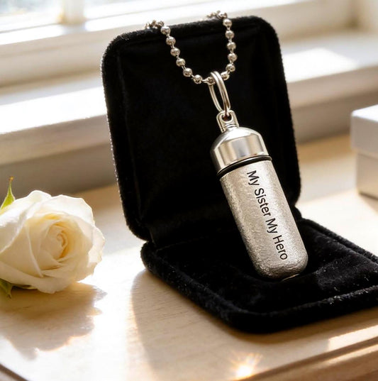 Cremation Jewelry Necklace: Sister Tribute (Silver, Velvet Pouch)
