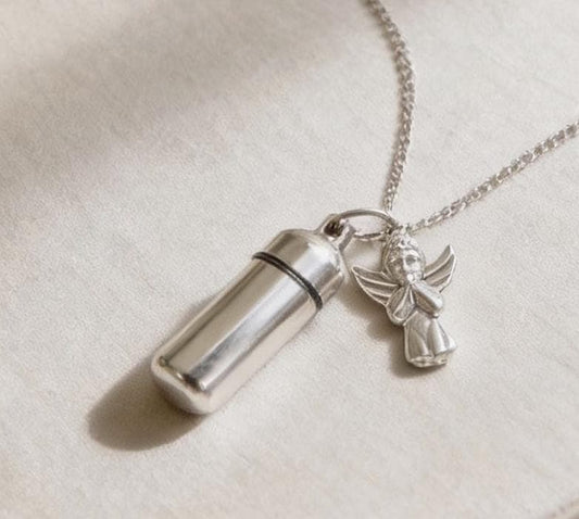 Cremation Urn on 24" Curb Chain Necklace with PRAYING ANGEL - Memorial Jewelry
